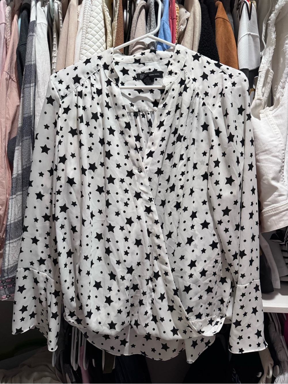 INC International Concepts White Blouse with Black Star Print